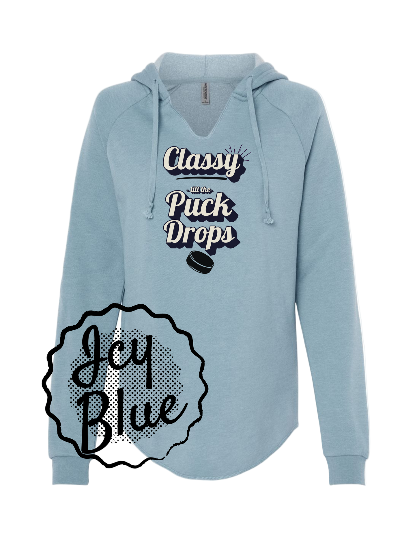 Light blue hoodie with text design on a white background