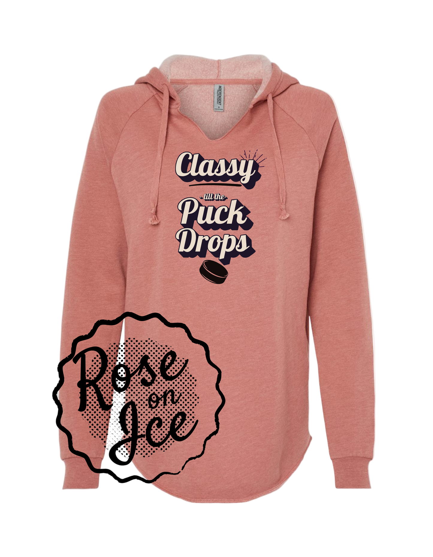 Pink hoodie with text design on a white background