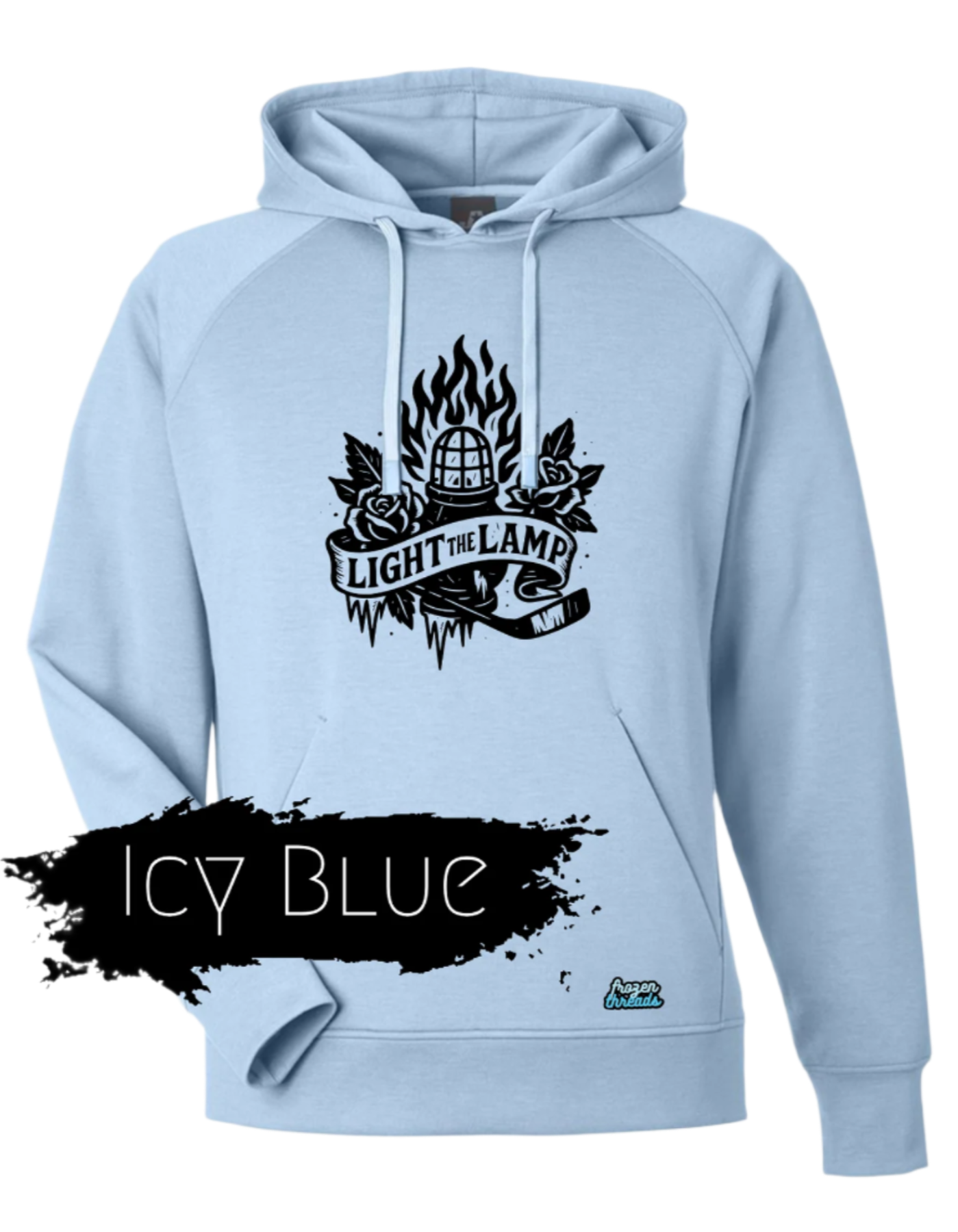 Icy blue hoodie with a black graphic design on a white background
