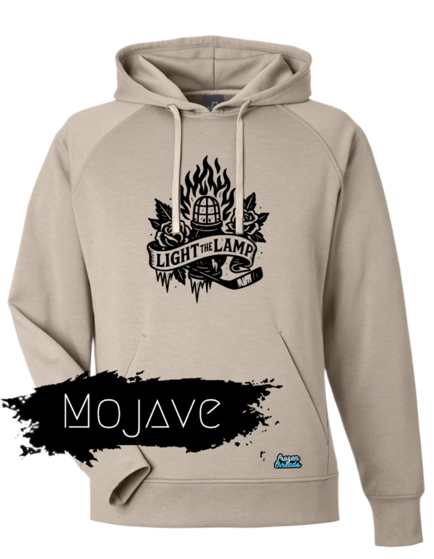 Beige hoodie with black graphic design and 'Mojave' text on a white background