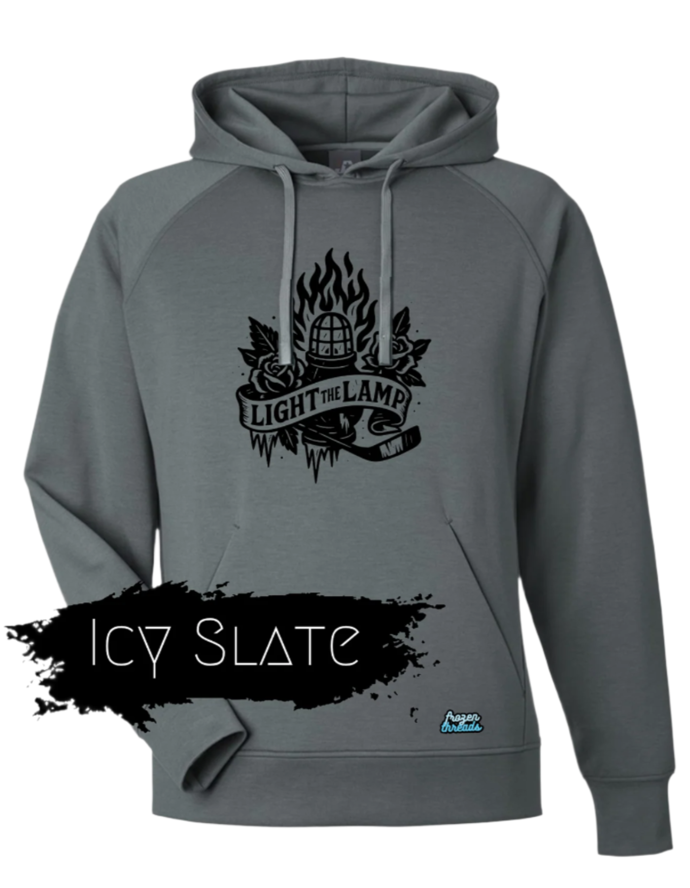 Gray hoodie with black logo and 'Icy Slate' text on a white background