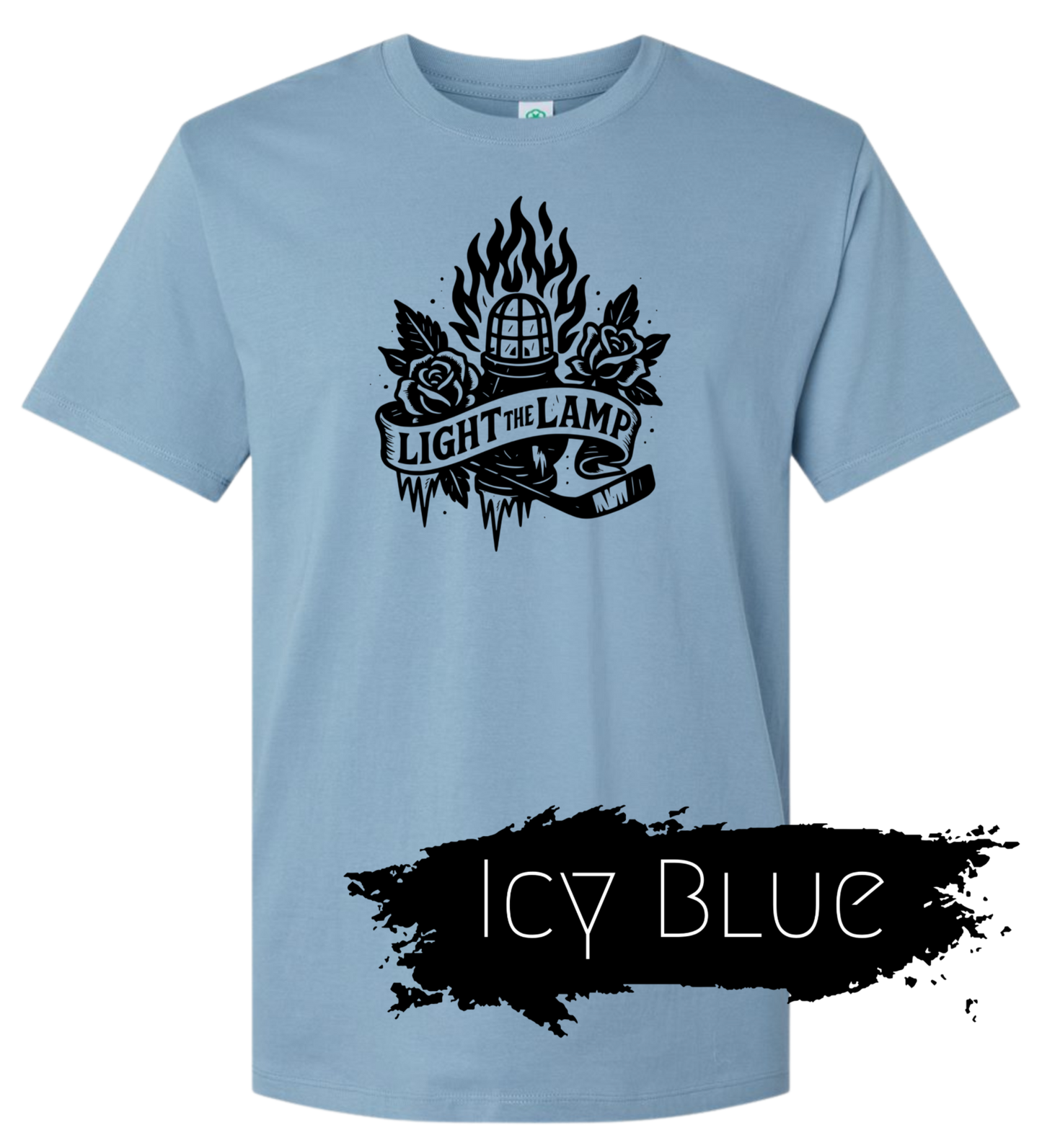 Blue Hockey Tshirt with light the lamp graphic on chest.