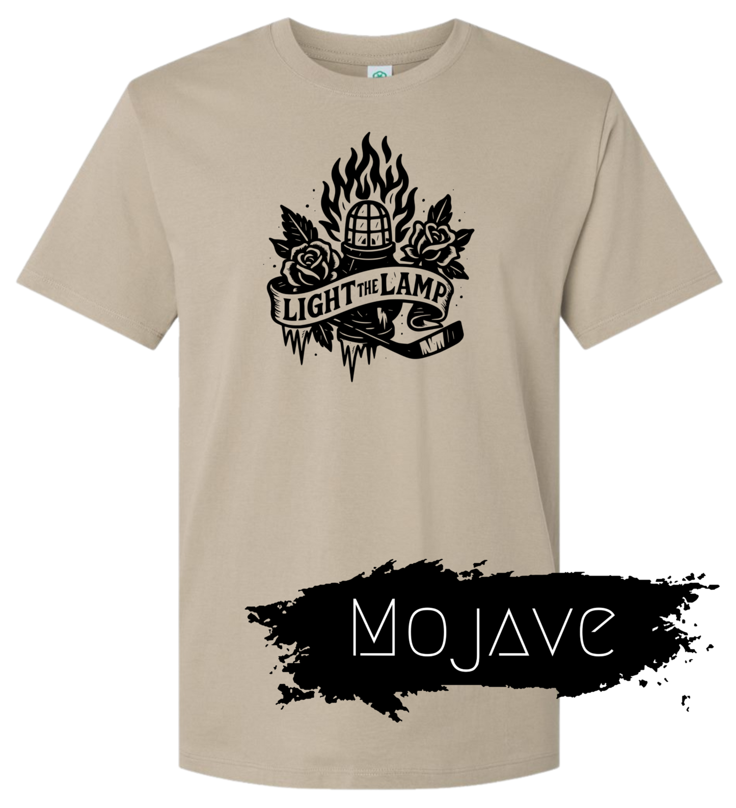 Beige t-shirt with black graphic design and 'Mojave' text on a white background