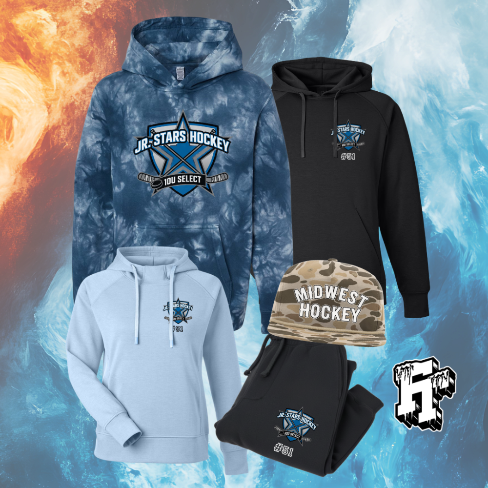 Collection of hockey-themed hoodies and a cap on a fiery and icy background