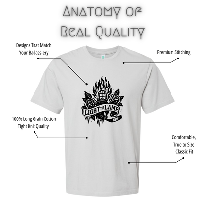White Hockey t-shirt with black graphic design and text on a white background