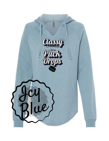 Light blue hoodie with text design on a white background