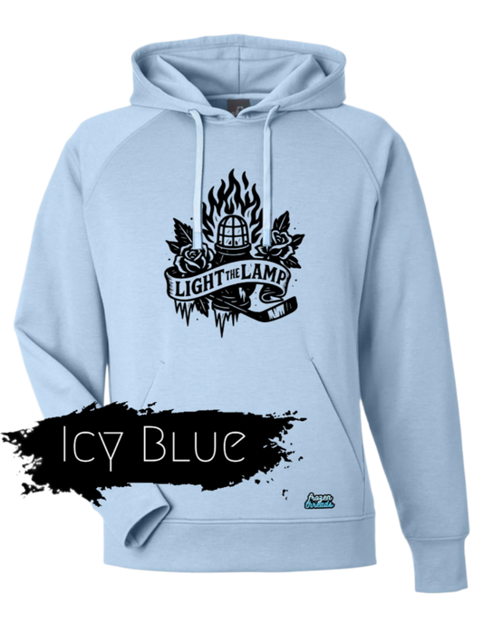 Icy blue hoodie with a black graphic design on a white background