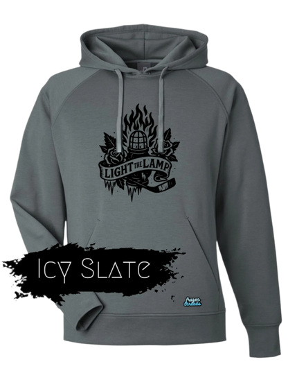 Gray hoodie with black logo and 'Icy Slate' text on a white background
