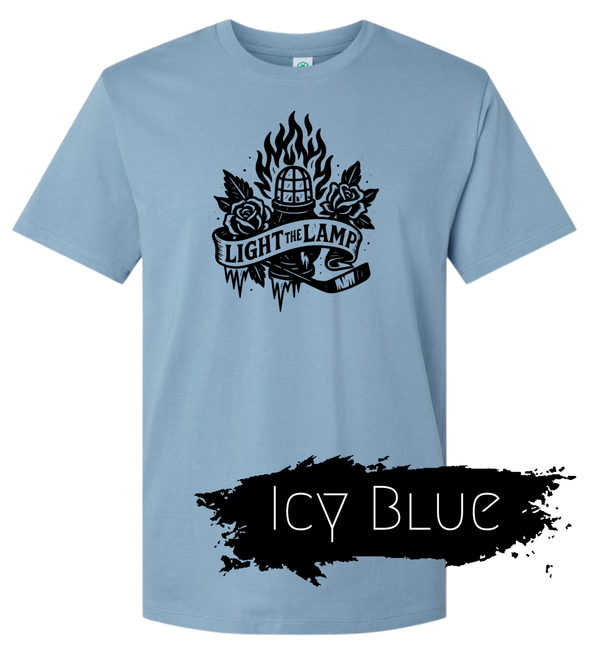 Blue Hockey Tshirt with light the lamp graphic on chest. 