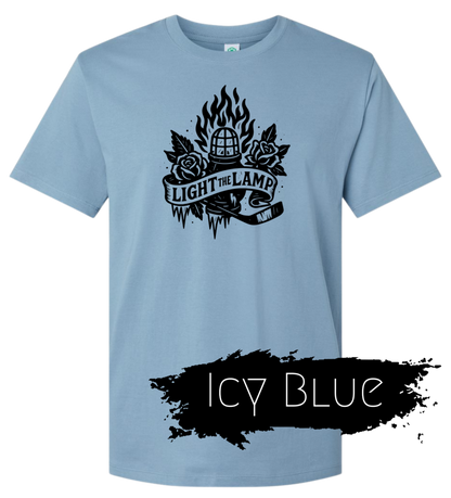 Blue Hockey Tshirt with light the lamp graphic on chest. 