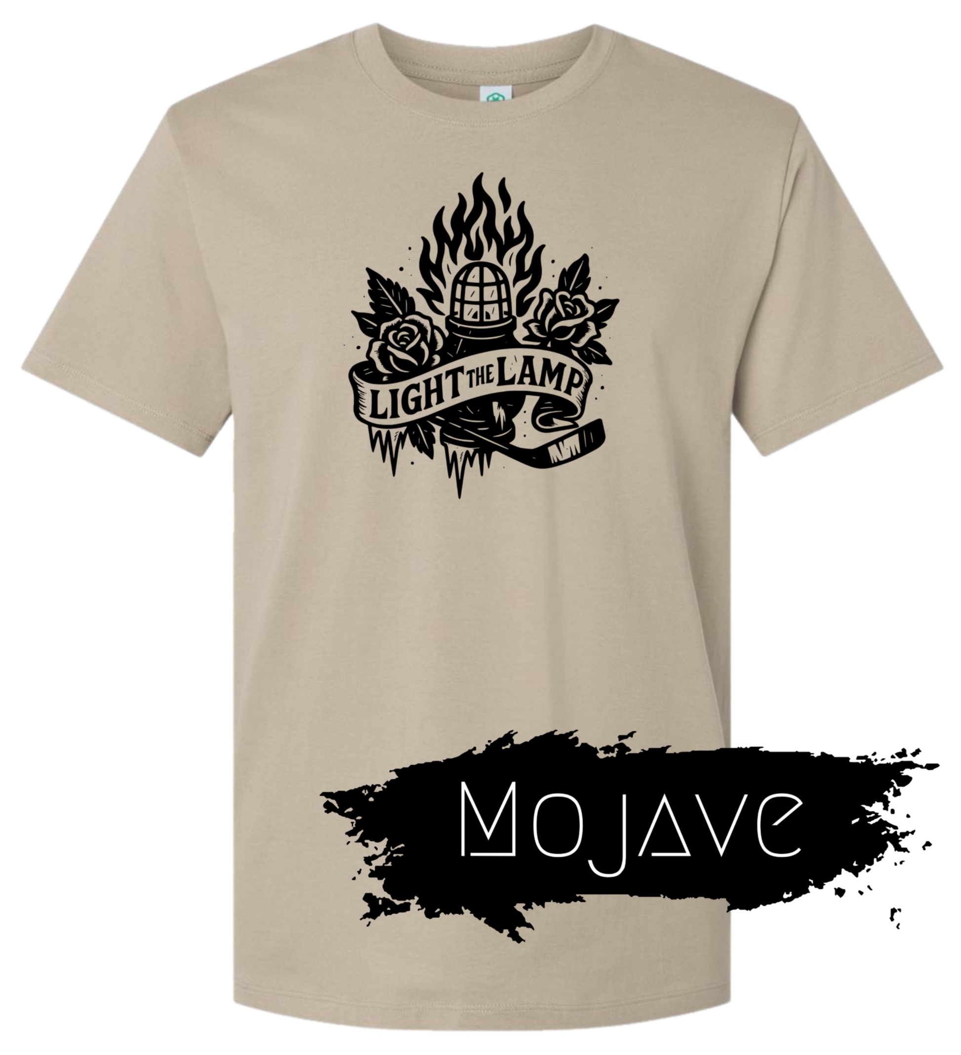 Beige t-shirt with black graphic design and 'Mojave' text on a white background