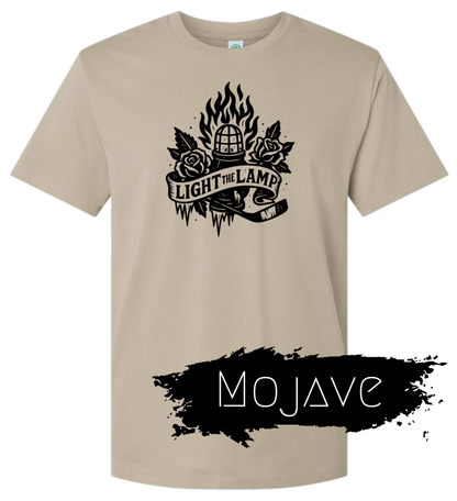 Beige t-shirt with black graphic design and 'Mojave' text on a white background