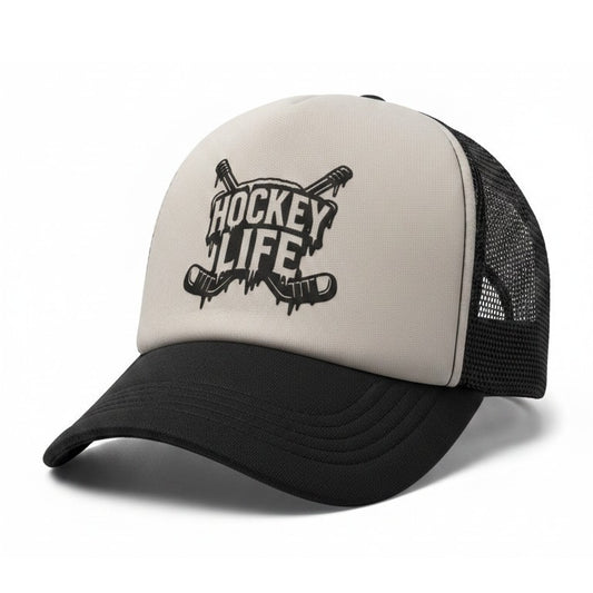 Frozen Threads Clothing beige and black trucker hat with