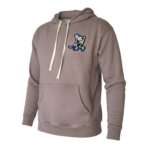 Frozen Threads Clothing taupe unisex cotton blend hoodie with a skeleton hockey player patch on the left chest and natural drawcords.